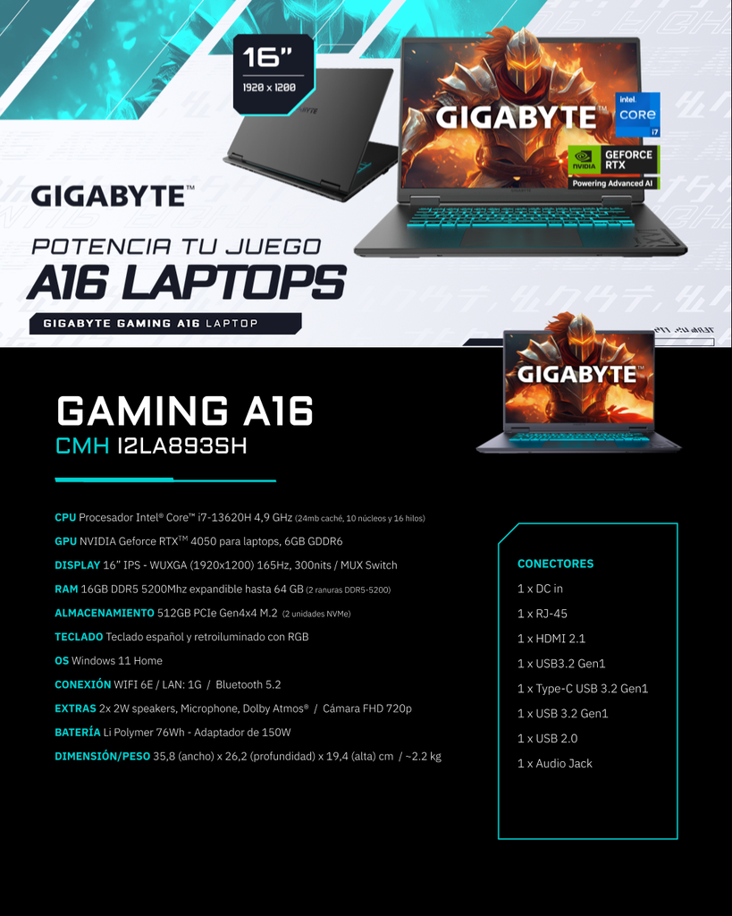 Notebook Gigabyte 16" 165Hz i7-13620H RTX 4050 8GB 16GB 512 GB