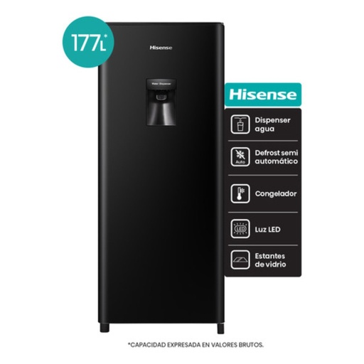 [94RL230WB4AU] Heladera Hisense Single Door 177 Litros Dispenser De Agua Negra